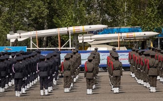 A truck is carrying Iranian-made Sayyad-4B missiles during a military parade marking the anniversary of Iran's Army Day at an Army military base in Tehran, Iran, on April 17, 2024. (Photo by Morteza Nikoubazl/NurPhoto via Getty Images)