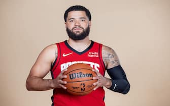 HOUSTON, TEXAS - OCTOBER 02: Fred VanVleet #5 of the Houston Rockets poses for a photo during media day on October 02, 2023 in Houston, Texas. (Photo by Carmen Mandato/Getty Images)