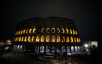 The Colosseum with lights on before the environmental campaign Earth Hour organized by the World Wildlife Fund (WWF) during which non-essential lights are turned off in major cities around the world for 60 minutes to raise awareness of energy consumption and its effects on the environment and the fight against climate change, in Rome, Italy, 22 March 2025. ANSA/ANGELO CARCONI