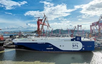 epa10858782 A view of the 'EMDEN' car-shipping vessel at a port in south China's Guangdong Province, 12 September 2023 (issued 13 September 2023). A car-shipping vessel dual-powered by liquefied natural gas (LNG) and fuels, manufactured by Chinese shipyards, was delivered to Norwegian company SFL Corporation Ltd. on 12 September.  EPA/XINHUA / TIAN JIANCHUAN CHINA OUT / UK AND IRELAND OUT  /       MANDATORY CREDIT  EDITORIAL USE ONLY