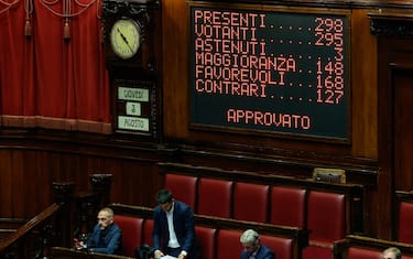 Tabellone elettronico della Camera con risultato voto su sospensiva salario minimo, Roma, 3 Agosto 2023. ANSA/GIUSEPPE LAMI