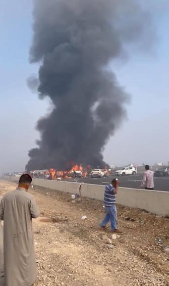 (231028) -- CAIRO, Oct. 28, 2023 (Xinhua) -- An image from Facebook shows the scene of multiple vehicle collisions in Beheira governorate, Egypt, Oct. 28, 2023. At least 35 people were killed and 53 others injured Saturday in multiple vehicle collisions on a desert road in Egypt's Beheira governorate, state-run Ahram newspaper reported. (Xinhua) - Sui Xiankai -//CHINENOUVELLE_XxjpbeE007218_20231028_PEPFN0A001/Credit:CHINE NOUVELLE/SIPA/2310281456