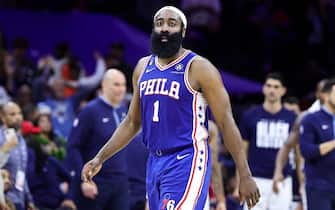 PHILADELPHIA, PENNSYLVANIA - FEBRUARY 23: James Harden #1 of the Philadelphia 76ers looks on during the fourth quarter against the Memphis Grizzlies at Wells Fargo Center on February 23, 2023 in Philadelphia, Pennsylvania. NOTE TO USER: User expressly acknowledges and agrees that, by downloading and or using this photograph, User is consenting to the terms and conditions of the Getty Images License Agreement. (Photo by Tim Nwachukwu/Getty Images)