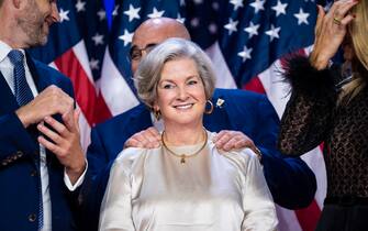 West Palm Beach, FL - November 6 : Chris LaCivita and Susie Wiles listen as Republican presidential nominee former President Donald Trump speaks after being declared the winner during an election night watch party at the Palm Beach County Convention Center in West Palm Beach, Florida in the early hours of Wednesday, Nov. 06, 2024. (Photo by Jabin Botsford/The Washington Post via Getty Images)