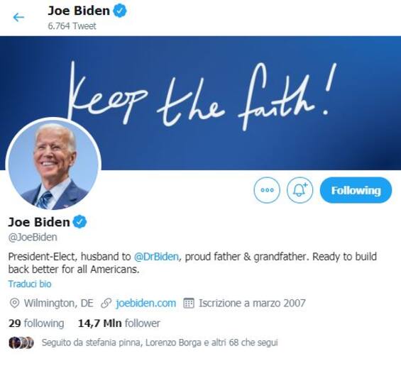 Elezioni Usa 2020, Biden scrive presidente eletto sul profilo Twitter