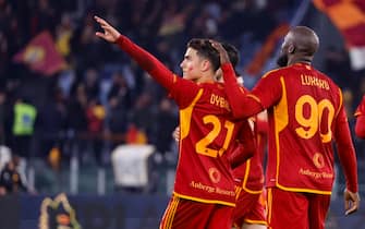AS Roma's Paulo Dybala (L) celebrates with teammate AS Roma's Romelu Lukaku after scoring during the Italian Serie A soccer match between AS Roma and Udinese at the Olimpico stadium in Rome, Italy, 26 November 2023. ANSA/FABIO FRUSTACI