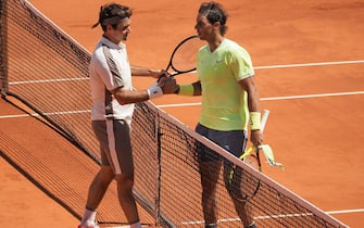 Rafael Nadal of Spain greets Roger Federer of Switzerland at the net after beating him in semi-final during day 13 of the 2019 French Open at Roland Garros stadium on June 7, 2019 in Paris, France. //03VULAURENT_20190607VU0184/1906071942/Credit:VU/HAEDRICH/SIPA/1906071946