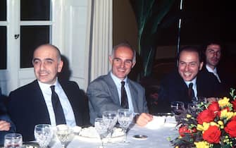 RECORD DATE NOT STATED ADRIANO GALLIANI, ARRIGO SACCHI, SILVIO BERLUSCONI, FRANCO BARESI STAGIONE 1989-90 ARCORE CENA PER VITTORIA COPPA CAMPIONI 1990