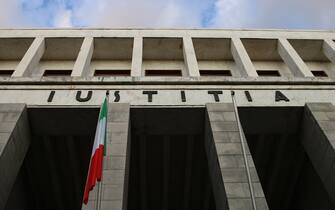 A 20th century courthouse with "Justitia", that means justice in latin, on the front (Tuscany, Italy)