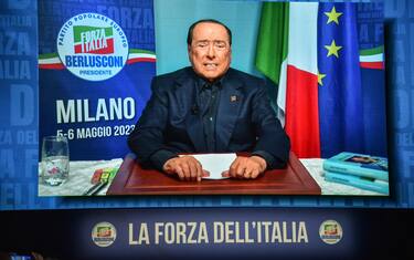 Un momento del videomessaggio di Silvio Berlusconi alla convention La forza dell Italia di Forza Italia, Milano 6 Maggio 2023
ANSA/MATTEO CORNER