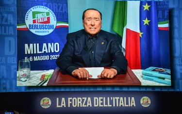 Un momento del videomessaggio di Silvio Berlusconi alla convention La forza dell Italia di Forza Italia, Milano 6 Maggio 2023
ANSA/MATTEO CORNER