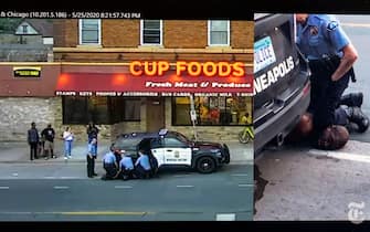 March 31, 2021, Minneapolis, Minnesota, USA - On the third day of the trial of former Minneapolis police officer, Derek Chauvin, prosecution shows the jury and the witness on the stand the split screen of security footage (left) and bystander video of the arrest of George Floyd. Chauvin was captured on tape on May 25, 2020 pressing his knee onto Mr. Floyd's neck for some nine minutes during an arrest.  Chauvin was later charged with second-degree murder and manslaughter.  Floyd's death sparked outrage all around the world and resulted in massive protests against police brutality and racism.( Credit Image: ¬© Pool Video Via Court Tv/Ny Times/ZUMA Wire)