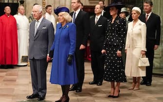Britain's King Charles III (3L), Britain's Camilla, Queen Consort (5L), Britain's Prince William, Prince of Wales (C) and Britain's Prince Edward, Duke of Edinburgh (6R), Britain's Catherine, Princess of Wales (4R), Britain's Princess Anne, Princess Royal (3R), Britain's Sophie, Duchess of Edinburgh (2R) and Vice Admiral Timothy Laurence attend the Commonwealth Day service ceremony, at Westminster Abbey, in London, on March 13, 2023. (Photo by Jordan Pettitt / POOL / AFP) (Photo by JORDAN PETTITT/POOL/AFP via Getty Images)