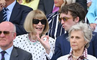 LONDON, ENGLAND - JULY 10: Anna Wintour and Luke Wintour attend day eight of the Wimbledon Tennis Championships at All England Lawn Tennis and Croquet Club on July 10, 2023 in London, England. (Photo by Karwai Tang/WireImage)