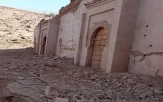 La moschea di Tinmel dopo il terremoto, 10 settembre 2023. Uno dei capolavori dell'arte sacra marocchina del 12mo secolo è ormai un cumulo di macerie. Testimonianza dello splendore almohade, nel pieno delle montagne dell'Atlante, era tappa obbligata per i cultori di arte in viaggio tra Marrakech e Taroudant.   ANSA / Olga Piscitelli