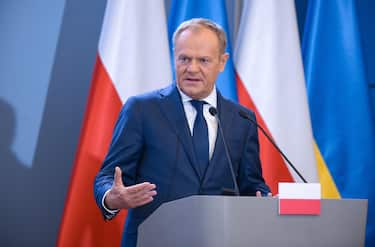 epa11248125 Polish Prime Minister Donald Tusk attends a joint press conference with the Ukrainian prime minister after their meeting at the Prime Minister's Office in Warsaw, Poland, 28 March 2024.  EPA/Marcin Obara  POLAND OUT