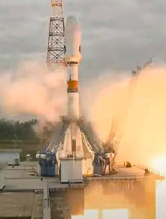 epa10794190 A handout still image taken from a video made available by the Roscosmos State Space Corporation shows the Soyuz-2.1b rocket with the moon lander Luna 25 (Moon) automatic station as it takes off from a launch pad at the Vostochny Cosmodrome, outside the city of Tsiolkovsky, some 180 km north of Blagoveschensk, in the far eastern Amur region, Russia, 11 August 2023. The Soyuz rocket with the first lunar spacecraft in the history of modern Russia was launched from the Vostochny Cosmodrome. Luna-25 will be the first station in the world to land in the near-polar zone of the Moon, on difficult terrain.  EPA/ROSCOSMOS STATE SPACE CORPORATION/HANDOUT HANDOUT EDITORIAL USE ONLY/NO SALES HANDOUT EDITORIAL USE ONLY/NO SALES