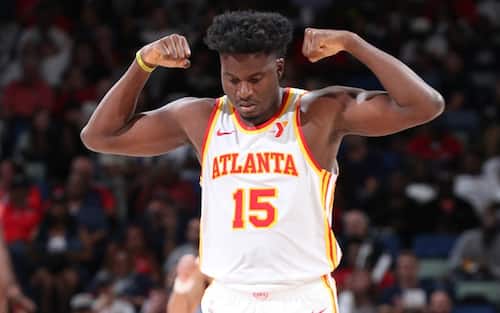CHICAGO, IL - NOVEMBER 3: Clint Capela #15 of the Atlanta Hawks celebrates during the game against the New Orleans Pelicans on November 3, 2024 at United Center in Chicago, Illinois. NOTE TO USER: User expressly acknowledges and agrees that, by downloading and or using this photograph, User is consenting to the terms and conditions of the Getty Images License Agreement. Mandatory Copyright Notice: Copyright 2024 NBAE (Photo by Jeff Haynes/NBAE via Getty Images)