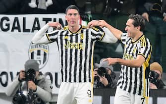 Juventus' Dusan Vlahovic jubilates after scoring the gol (1-0) during the italian Serie A soccer match Juventus FC vs FC Inter at the Allianz Stadium in Turin, Italy, 26 november 2023 ANSA/ALESSANDRO DI MARCO