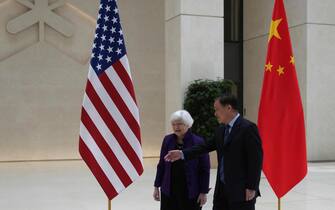 epa11264938 US Treasury Secretary Janet Yellen (L) walks with Governor of the People's Bank of China Pan Gongsheng (R) as they meet at the People s Bank of China in Beijing, China, 08 April 2024. US Treasury Secretary Janet Yellen sent a message of mutual cooperation at a meeting Sunday with Chinese Premier Li Qiang, highlighting the improvement in relations since her visit to China last year while recognizing that major differences remain.  EPA/Tatan Syuflana / POOL