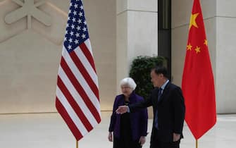 epa11264938 US Treasury Secretary Janet Yellen (L) walks with Governor of the People's Bank of China Pan Gongsheng (R) as they meet at the People s Bank of China in Beijing, China, 08 April 2024. US Treasury Secretary Janet Yellen sent a message of mutual cooperation at a meeting Sunday with Chinese Premier Li Qiang, highlighting the improvement in relations since her visit to China last year while recognizing that major differences remain.  EPA/Tatan Syuflana / POOL