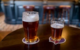 Pint and a half of English ale on a pub table on 12th April 2023 in Birmingham, United Kingdom. Beer prices in the UK have been on the rise with prices per pint increasing dramatically during the energy crisis and com[ounding the cost of living crisis. (photo by Mike Kemp/In Pictures via Getty Images)