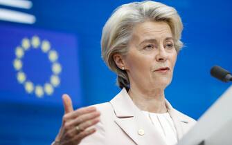 epa10458249 President of the European Commission Ursula von der Leyen holds a joint press conference at the end of the first day of the European Council in Brussels, Belgium, 10 February 2023. EU leaders will meet in Brussels on 09 for a summit to discuss Russia's invasion of Ukraine, the EU's economy and competitiveness, and its migration policy.  EPA/OLIVIER HOSLET
