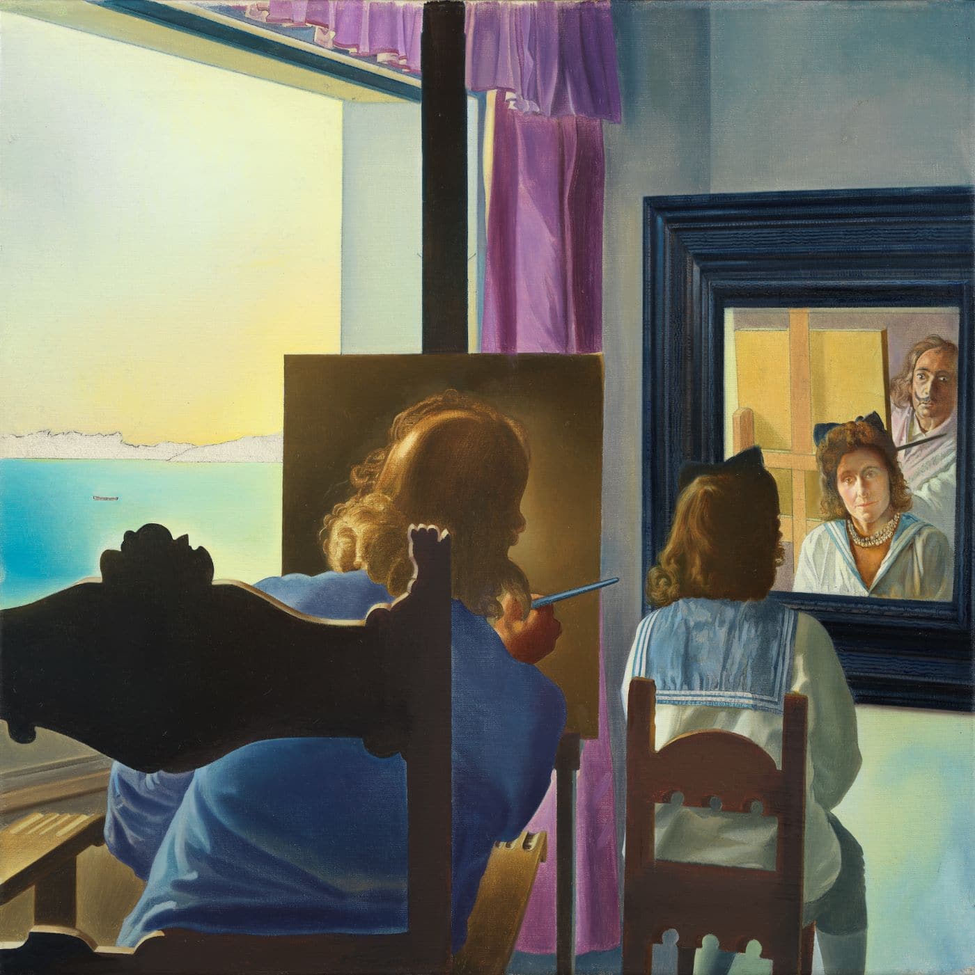  Salvador Dalí, Dalí visto di spalle mentre dipinge Gala. Opera stereoscopica / Dalí de espalsas pintando a Gala - obra estereoscópica 1972-1973 Olio su tela  © Salvador Dalí, Fundació Gala-Salvador Dalí, Roma, 2025