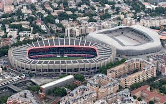 This aerial view taken on July 14, 2019 shows the Jean Bouin stadium (R) and the Parc des Princes stadium. (Photo by Kenzo TRIBOUILLARD / AFP)        (Photo credit should read KENZO TRIBOUILLARD/AFP via Getty Images)