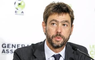 epa06185036 The new chairman of the European Club Association (ECA), Italian Andrea Agnelli of Juventus Turin attends a press conference after the plenary general assembly of the ECA in Geneva, Switzerland, 05 September 2017.  EPA/SALVATORE DI NOLFI