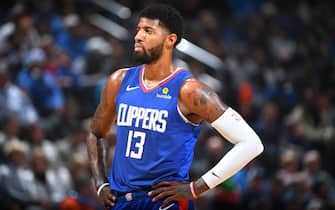 OKLAHOMA CITY, OK - DECEMBER 22: Paul George #13 of the LA Clippers looks on during a game against the Oklahoma City Thunder on December 22, 2019 at the Chesapeake Energy Arena in Oklahoma City, Oklahoma. NOTE TO USER: User expressly acknowledges and agrees that, by downloading and/or using this Photograph, user is consenting to the terms and conditions of the Getty Images License Agreement. Mandatory Copyright Notice: Copyright 2019 NBAE (Photo by Garrett Ellwood/NBAE via Getty Images)
