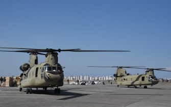 ADANA, TURKIYE - FEBRUARY 23: CH-47 Chinook, military transport aircrafts carrying humanitarian aid for quake survivors arrives at Incirlik Air Base in Adana, Turkiye on February 23, 2023. Efforts airlifting aid to Turkiye's quakes-hit southern region continues via an air corridor set up at the Incirlik Air Base following twin quakes that were centered in Kahramanmaras province. (Photo by Betul Aklan/Anadolu Agency via Getty Images)