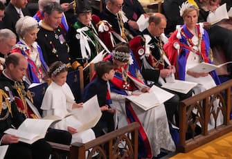 LONDON, ENGLAND - MAY 06: (L-R) Prince William, Prince of Wales, Princess Charlotte, Prince Louis, Princess of Wales, Prince Edward, Duke of Edinburgh and Sophie, Duchess of Edinburgh attend the Coronation of King Charles III and Queen Camilla at Westminster Abbey on May 6, 2023 in London, England. The Coronation of Charles III and his wife, Camilla, as King and Queen of the United Kingdom of Great Britain and Northern Ireland, and the other Commonwealth realms takes place at Westminster Abbey today. Charles acceded to the throne on 8 September 2022, upon the death of his mother, Elizabeth II. (Photo by Aaron Chown  - WPA Pool/Getty Images)
