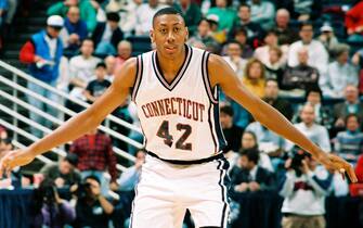 University of Connecticut basketball player Donyell Marshall plays defense, Storrs, Connecticut, 1994. (Photo by Bob Stowell/Getty Images)