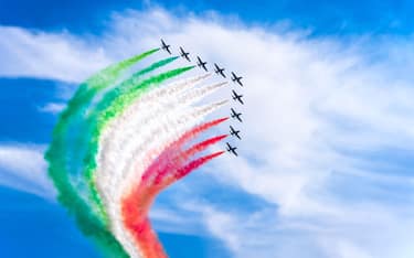 Parma, Italy - June 21, 2015: Italian aerobatic demonstration team Frecce Tricolori at Parma Airshow