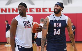 LAS VEGAS, NV - JULY 6: Anthony Davis #14 and Bam Adebayo #13 of the USA Basketball Men's Team smile during USAB Men's Training Camp in Las Vegas on July 06, 2024 in Las Vegas Nevada. NOTE TO USER: User expressly acknowledges and agrees that, by downloading and/or using this Photograph, user is consenting to the terms and conditions of the Getty Images License Agreement. Mandatory Copyright Notice: Copyright 2024 NBAE (Photo by Brian Babineau/NBAE via Getty Images)