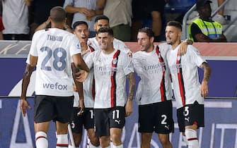 Milan's Christian Pulisic   jubilates with his teammates after scoring the goal  during the Italian Serie A soccer match Bologna FC vs AC Milan at Renato Dall'Ara stadium in Bologna, Italy, 21 August 2023. ANSA /ELISABETTA BARACCHI
