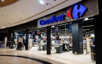 GDANSK, POLAND - 2023/12/08: Carrefour store seen inside a shopping mall in Gdansk. (Photo by Mateusz Slodkowski/SOPA Images/LightRocket via Getty Images)