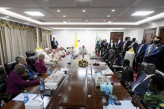 Africa, South Sudan, 2023/2/3 .  Pope Francis during Courtesy Visit to President of the Republic in Juba, South Sudan  Photograph by Vatican Mediia / Catholic Press Photo  RESTRICTED TO EDITORIAL USE - NO MARKETING - NO ADVERTISING CAMPAIGNS.