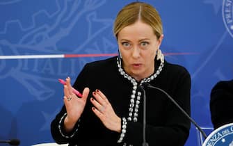 Italian Prime Minister Giorgia Meloni during a press conference at the end of a meeting of the council of ministers, Rome 3 November 2023.  ANSA/FABIO FRUSTACI