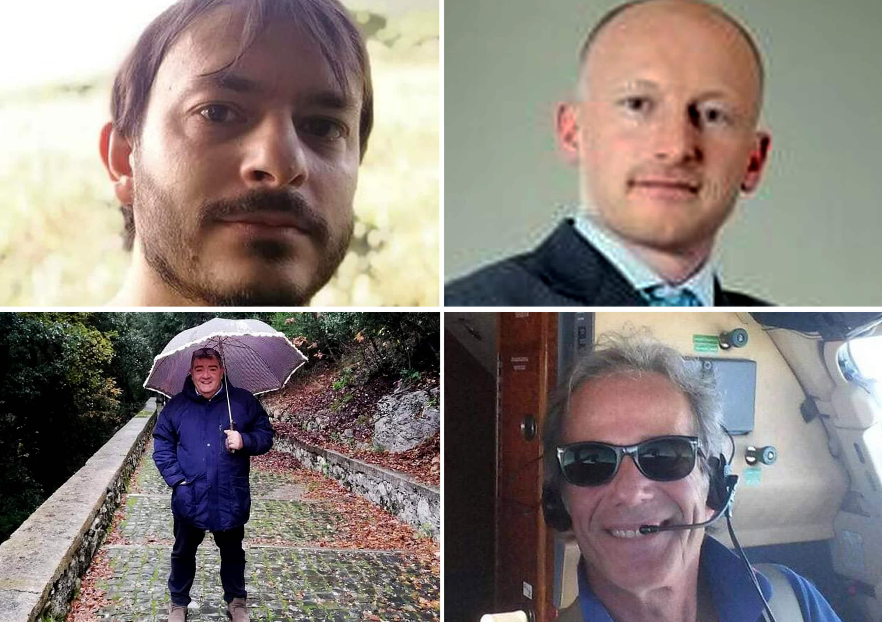 Nella combo in alto da destra il  pilota Andrea Nardelli, Bo tjan Rigler, direttore tecnico della principale Tv commerciale slovena, Pro Plus sr, il pilota Luigi Ippolito e Maurizio De Girolamo, medico del 118, morti  sull'elicottero partito dalle isole Tremiti e precipitato a Castelpagano di Apricena, Foggia, 5 novembre 2022. ANSA