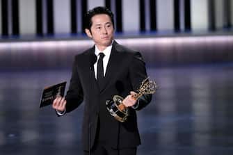 Jan 15, 2024; Los Angeles, CA, USA; Steven Yeun accepts the award for outstanding lead actor in a limited or anthology series or movie during the 75th Emmy Awards at the Peacock Theater in Los Angeles on Monday, Jan. 15, 2024. Mandatory Credit: Robert Hanashiro-USA TODAY/Sipa USA