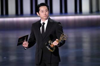 Jan 15, 2024; Los Angeles, CA, USA; Steven Yeun accepts the award for outstanding lead actor in a limited or anthology series or movie during the 75th Emmy Awards at the Peacock Theater in Los Angeles on Monday, Jan. 15, 2024. Mandatory Credit: Robert Hanashiro-USA TODAY/Sipa USA