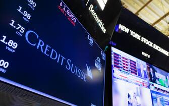 epa10524475 A screen displays information about Credit Suisse bank on the floor of the New York Stock Exchange in New York, New York, USA, on 15 March 2023. Shares in the Swiss based lender reached an all time low after it's main backer, Saudi National Bank would not provide further assistance.  EPA/JUSTIN LANE