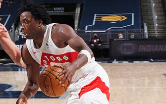 INDIANAPOLIS, IN - JANUARY 24: OG Anunoby #3 of the Toronto Raptors handles the ball during the game against the Indiana Pacers on January 24, 2021 at Bankers Life Fieldhouse in Indianapolis, Indiana. NOTE TO USER: User expressly acknowledges and agrees that, by downloading and or using this Photograph, user is consenting to the terms and conditions of the Getty Images License Agreement. Mandatory Copyright Notice: Copyright 2021 NBAE (Photo by Ron Hoskins/NBAE via Getty Images)
