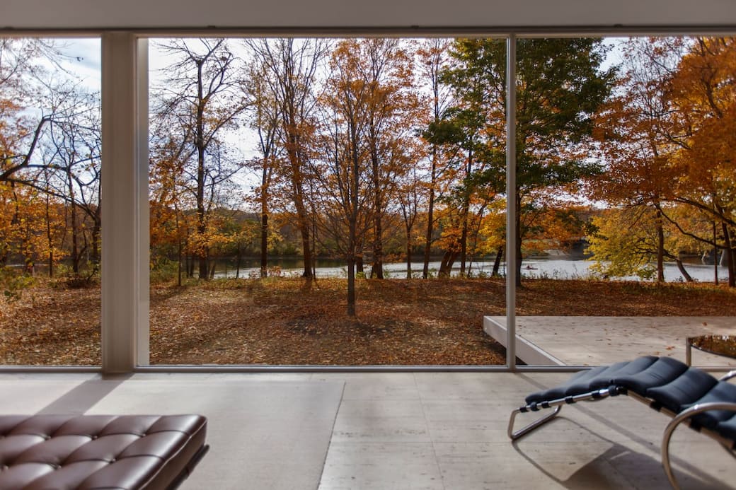 INHABIT: Edith Farnsworth House and Environs in Four Seasons - Fall Interior Daytime. Credit Tom Rossiter
