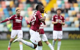 Salernitana s Luom Tchaouna jubilates after scoring the goal during the Italian Serie A soccer match Udinese Calcio vs US Salernitana at the Friuli - Dacia Arena stadium in Udine, Italy, 2 March 2024. ANSA / GABRIELE MENIS