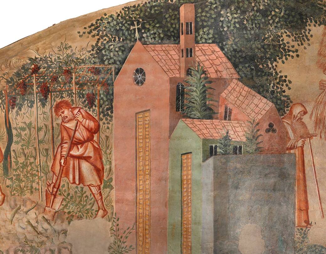 Monaci che lavorano l’orto del cenobio, nell’antica Compagnia dei Disciplinati sotto le volte dell’Ospedale Santa Maria della Scala, Siena. Ph Lorenzo Crescioli