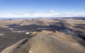 GRINDAVIK, ICELAND - APRIL 14: Aerial view of Fargradalsfjall volcano on April 14, 2023 in Grindavik, Iceland. .(Photo by Athanasios Gioumpasis/Getty Images)