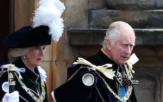 Britain's King Charles III and Britain's Queen Camilla leave the Palace of Holyroodhouse to attend a National Service of Thanksgiving and Dedication, in Edinburgh on July 5, 2023. Scotland on Wednesday will mark the Coronation of King Charles III and Queen Camilla during a National Service of Thanksgiving and Dedication where the The King will be presented with the Honours of Scotland. (Photo by Robert Perry / POOL / AFP) (Photo by ROBERT PERRY/POOL/AFP via Getty Images)